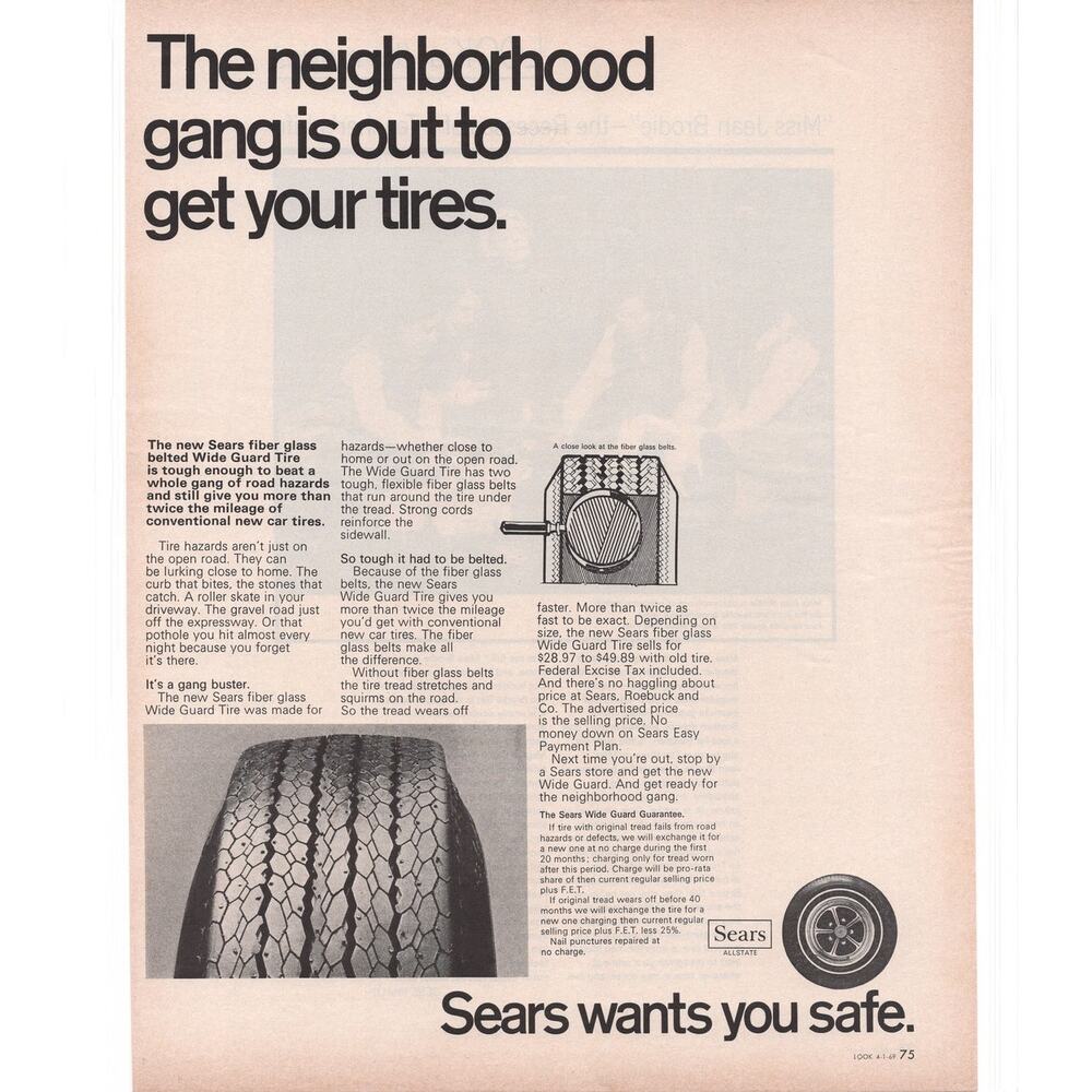 Sears Tires Neighborhood Gang Magazine Advertisement 1969 Vintage Automobilia